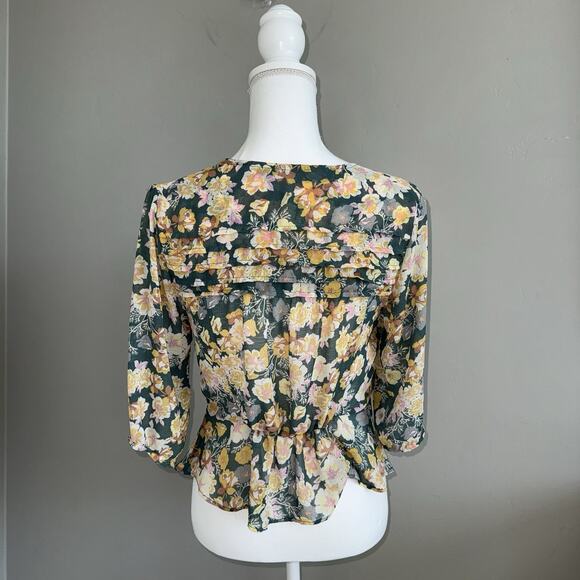 Free People Maybel Blouse Sz M Happy Combo Floral Tie Top 3/4 Sleeve Boho Sheer - Picture 3 of 9